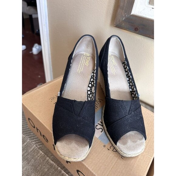 Black Wedge Heels Toms Calypso Women Fabric Peep Toe Pump Espadrille Sz W7.5 - Picture 2 of 5